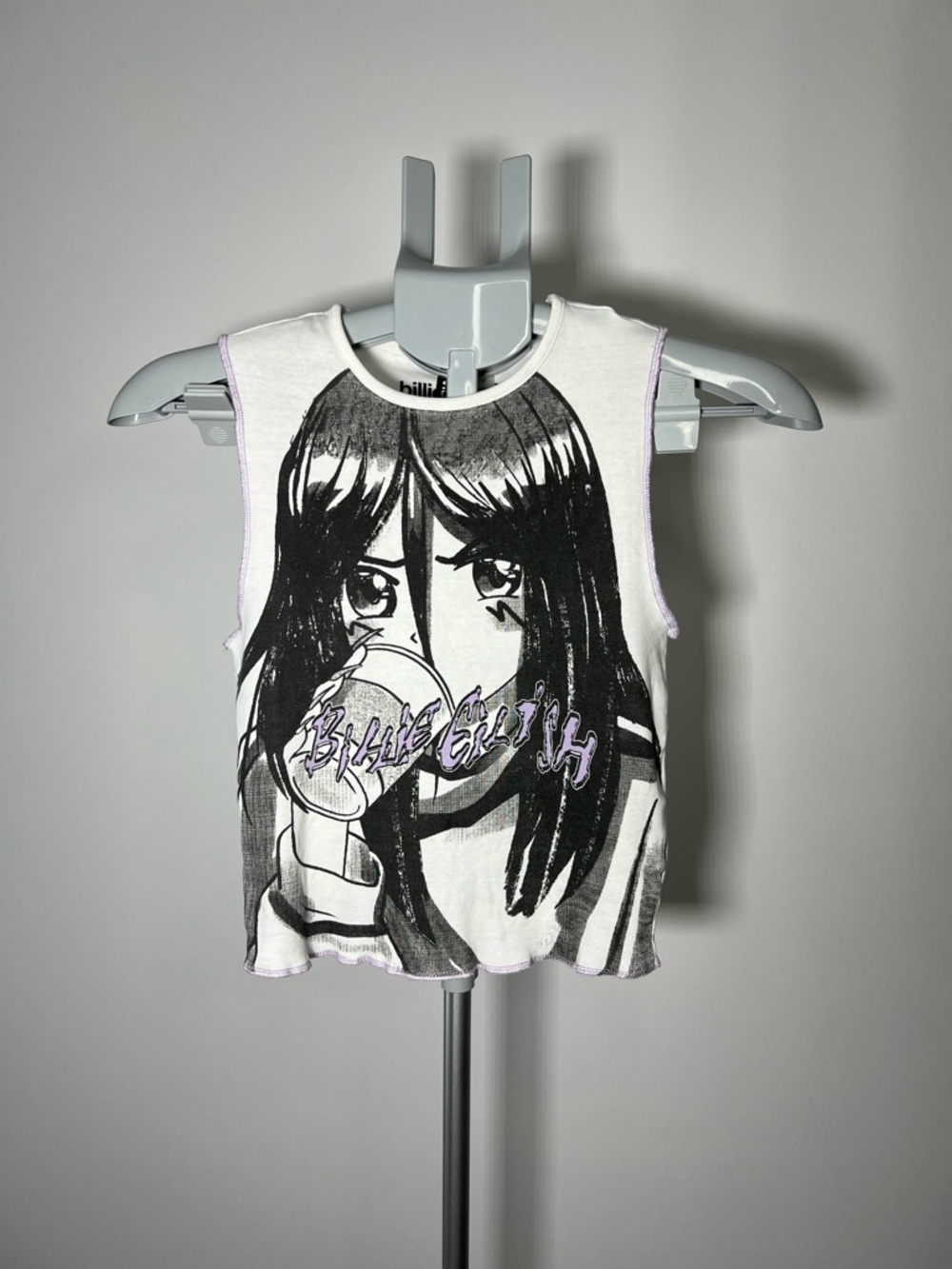 Billie Eilish H&M White Tank Top with Black Anime Graphic and Lavender Trim